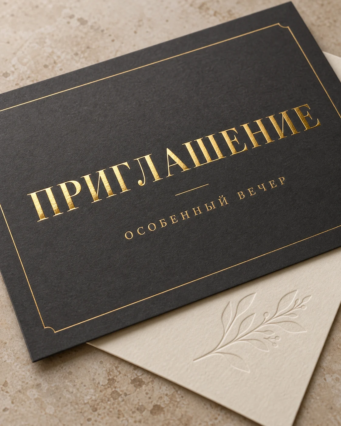фотография в каталоге услуг, кадр 5: Тиснение и фольгирование; Золотая надпись на тёмном приглашении и рельефный узор на — ПЕЧАТЬ32, заказ с получением в Ростове-на-Дону, «Послепечатная обработка»