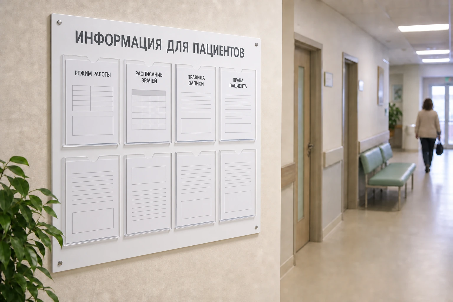 Стенд «Информация для пациентов» с расписанием и памятками в коридоре клиники; для заказа в Ростове-на-Дону