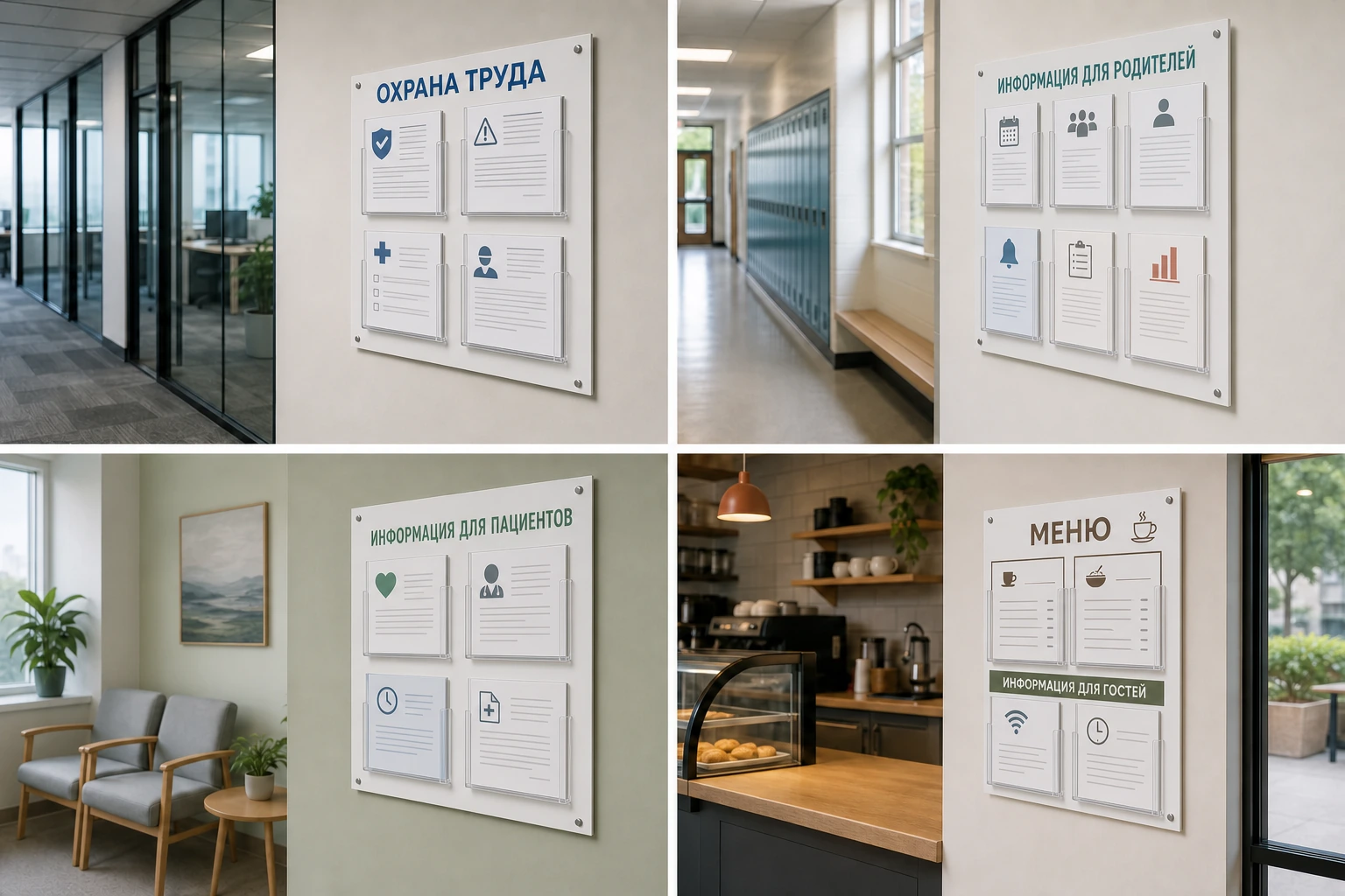 Стенды «Охрана труда», «Информация для родителей», «Информация для пациентов» и «Меню»; для заказа в Ростове-на-Дону