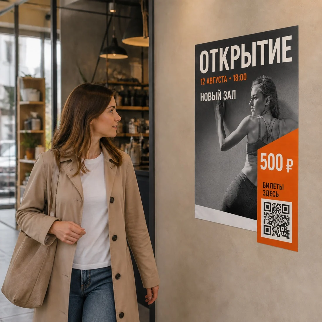 Прохожая замечает бумажный плакат с событием, датой, ценой и QR-кодом; для заказа в Ростове-на-Дону
