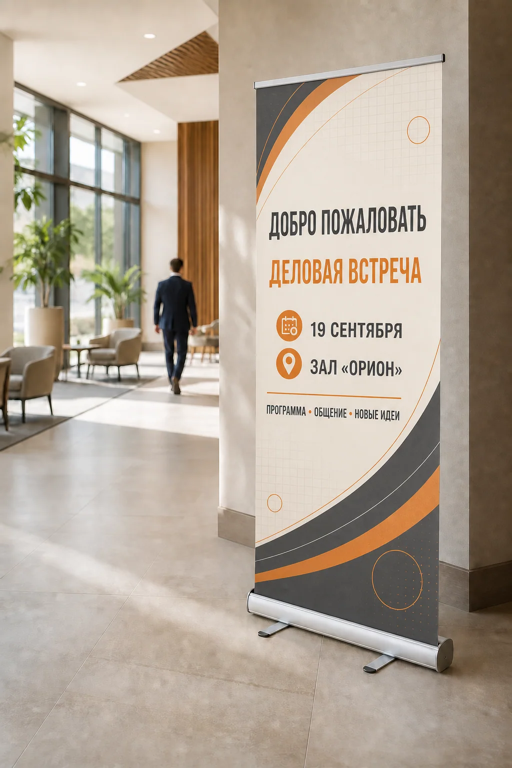 Roll-up стенды — образец смежной услуги, кадр 1; Roll-up с насыщенным русским макетом в лобби делового центра, ПЕЧАТЬ32, заказ с получением в Ростове-на-Дону, «Штендеры»