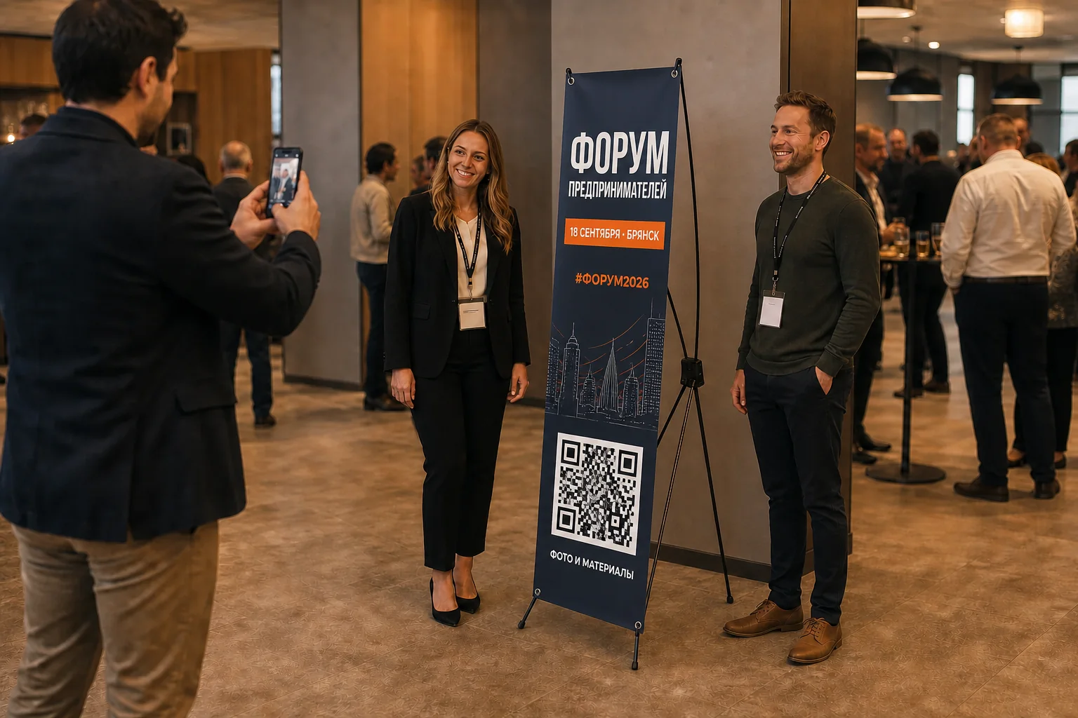 Участники фотографируются рядом со стендом паук с названием, датой и QR-кодом форума; для заказа в Ростове-на-Дону