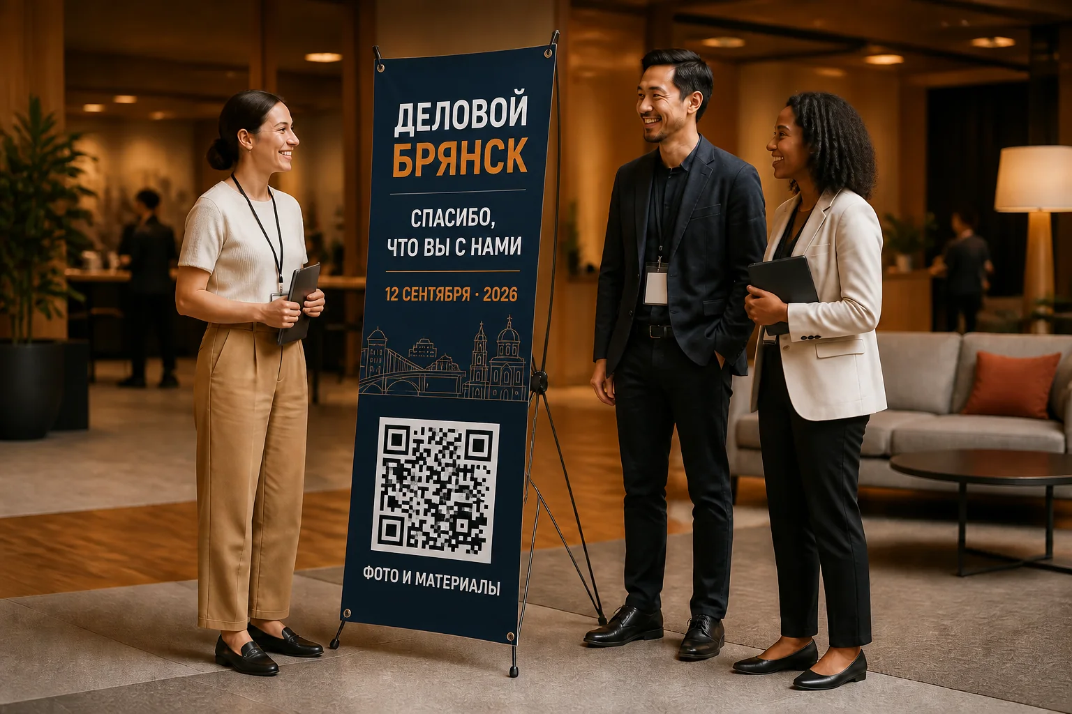 Гости делового мероприятия рядом со стендом паук с датой и QR-кодом для программы и материалов; для заказа в Ростове-на-Дону