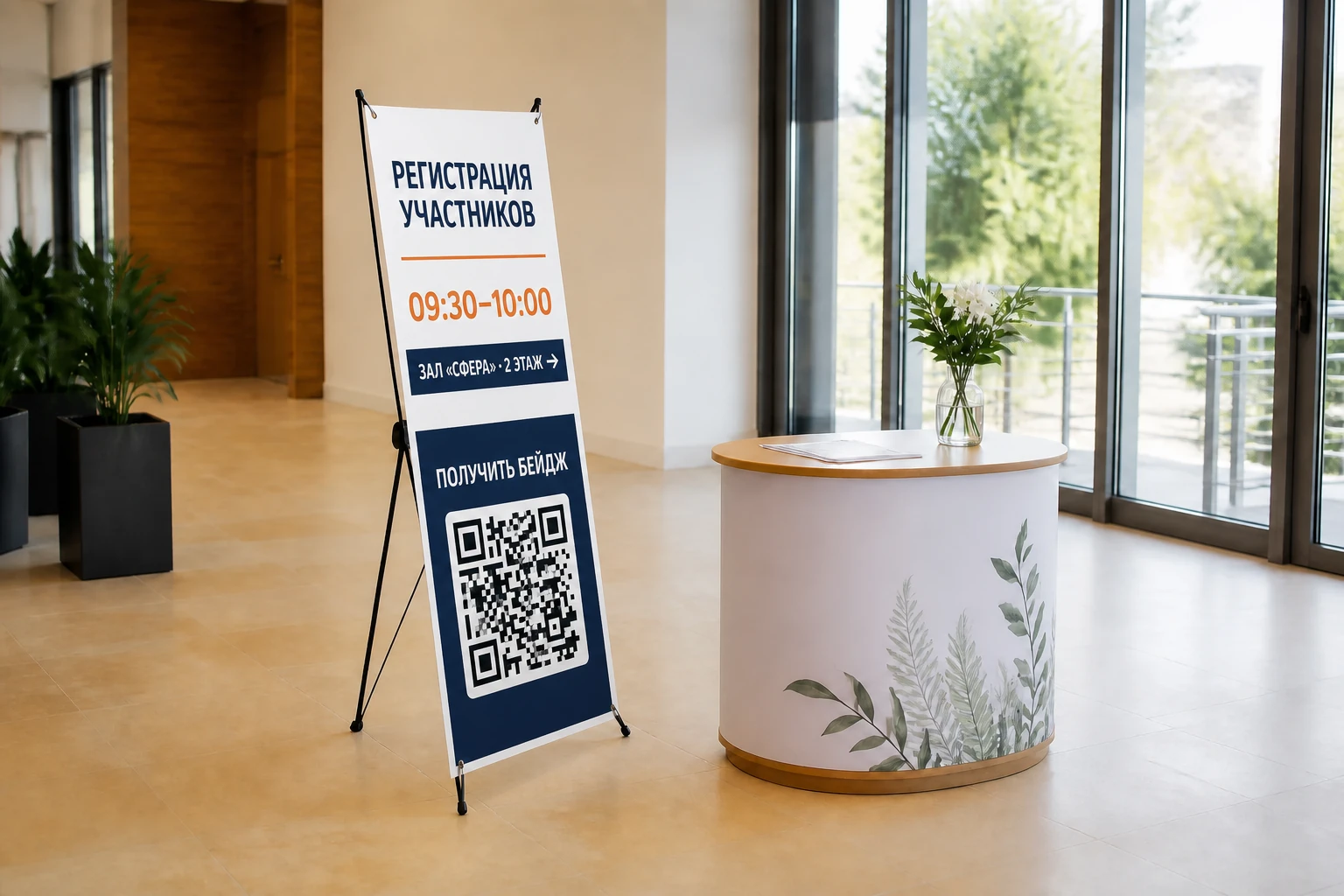 Фирменный стенд паук с программой и QR-кодом в зоне встречи участников; для заказа в Ростове-на-Дону