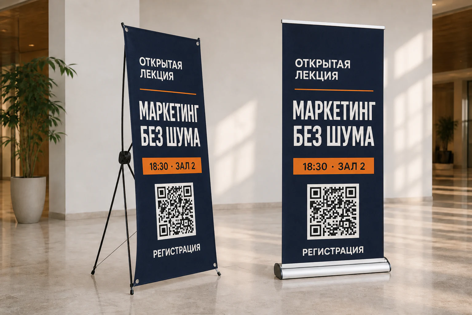 Стенд паук и Roll-up с одинаковым макетом делового мероприятия; для заказа в Ростове-на-Дону