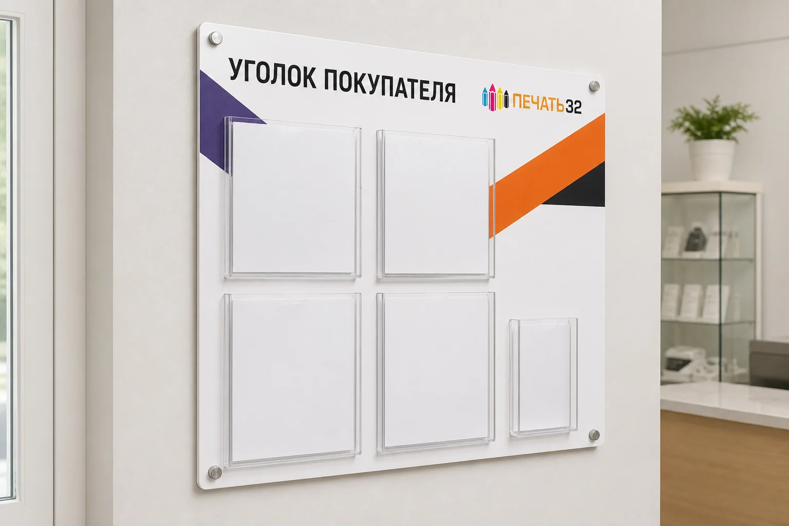 Уголок покупателя из ПВХ с прозрачными карманами; для заказа в Ростове-на-Дону