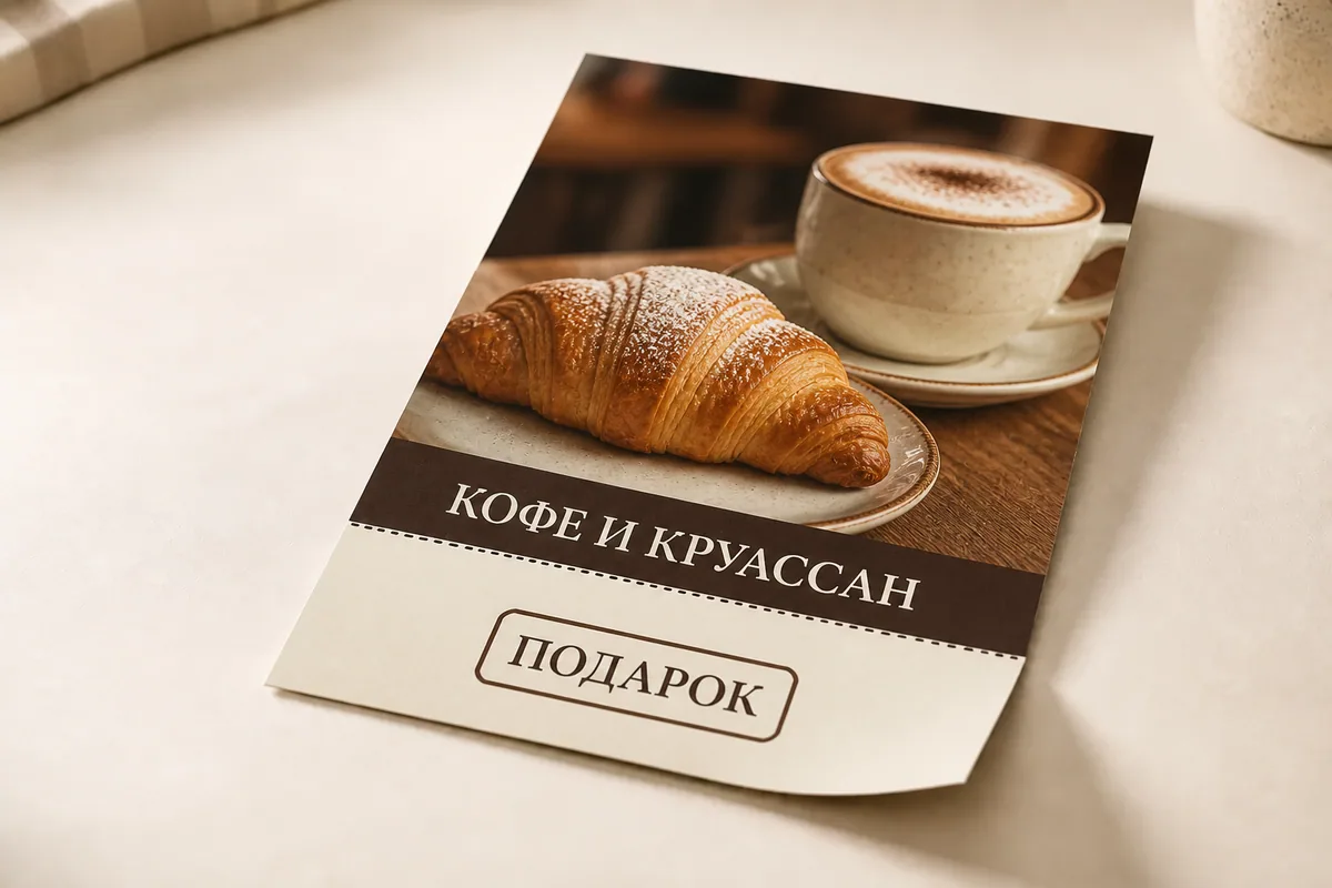 Листовка кафе формата A5 с профессиональной перфорацией и отрывным купоном; для заказа в Ростове-на-Дону