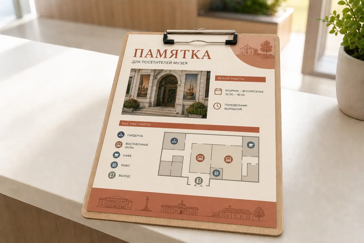 Памятка для посетителей музея формата A4 со схемой и режимом работы; для заказа в Ростове-на-Дону
