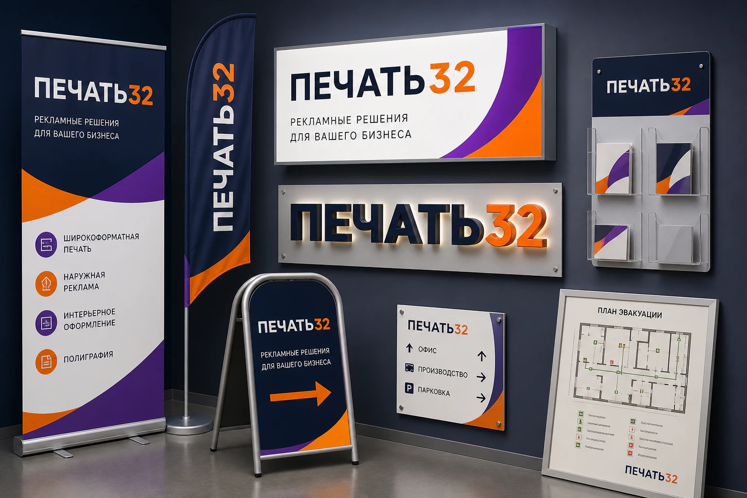 Штендеры — Двухсторонний рекламный штендер с печатными панелями; главный образец продукции, ПЕЧАТЬ32, получение в Ростове-на-Дону, раздел «Рекламные штендеры»